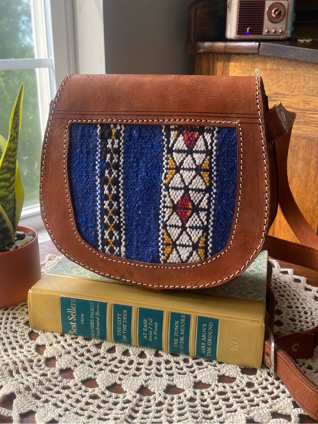 Southwestern Handcrafted Brown Leather Saddle Bag With Blue Woven Panel